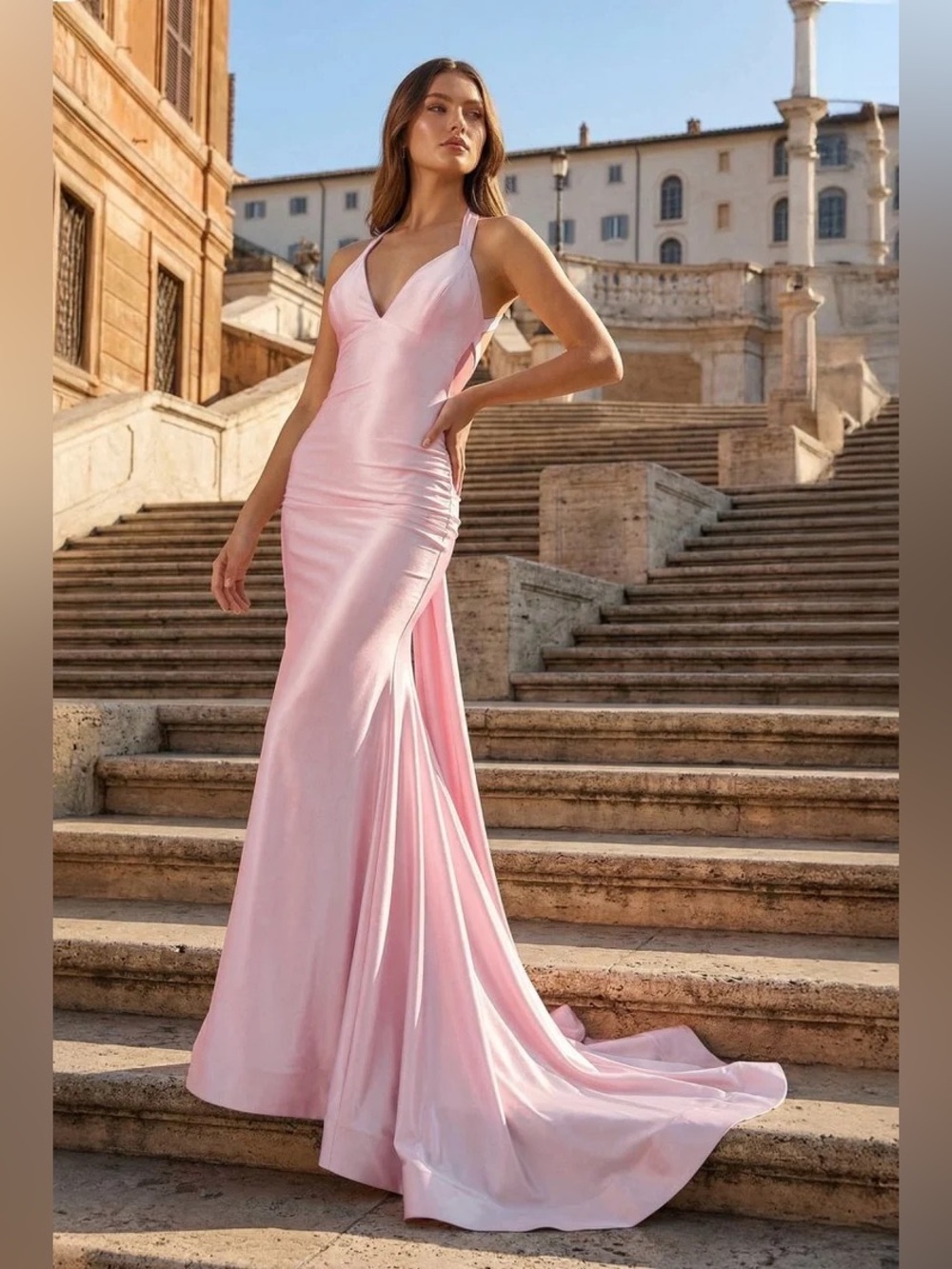 Pink Halter Satin Mermaid Open Back Long Formal Prom Dress